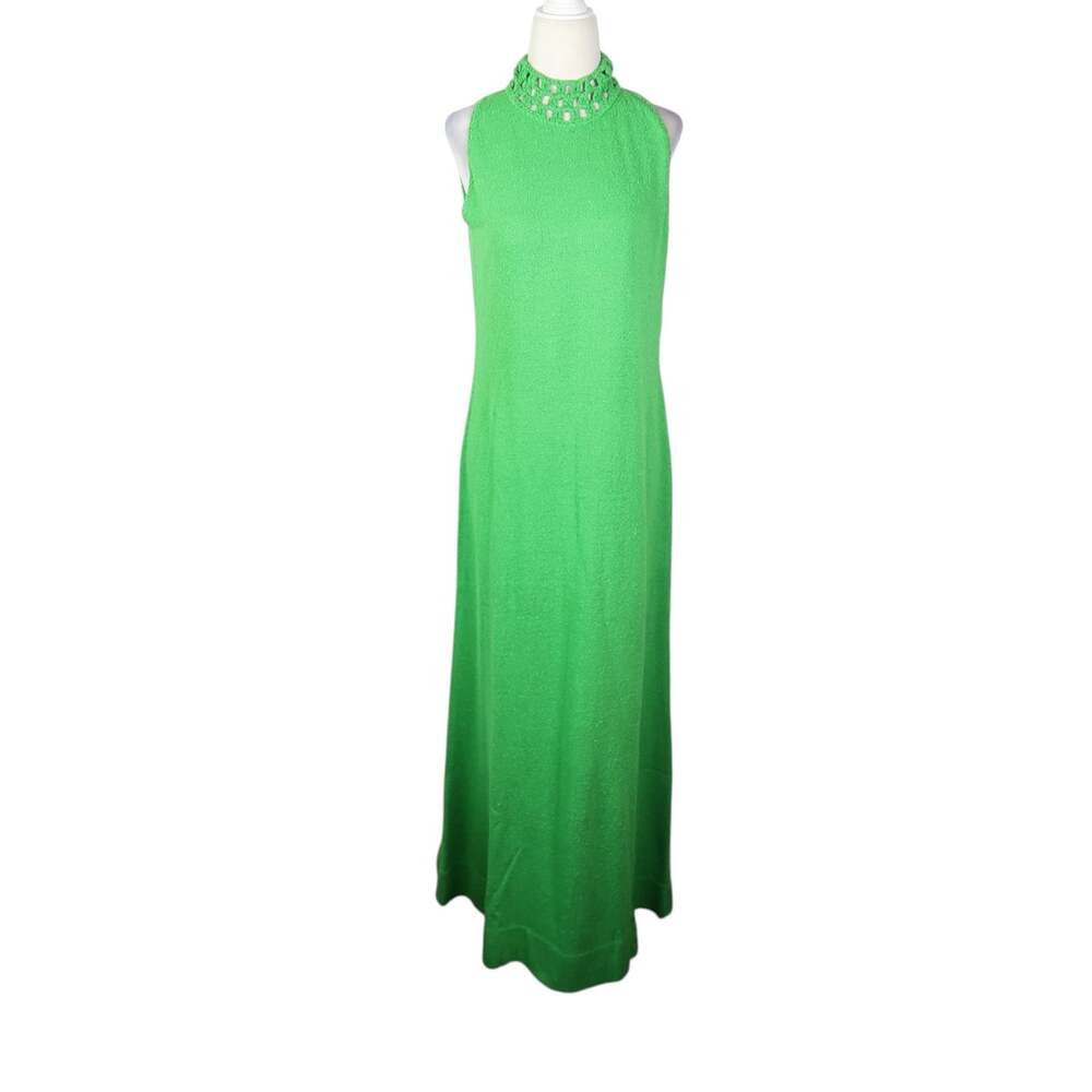 Vintage 60s/70s Miss Dolphin Green Knit Crochet Maxi Dress